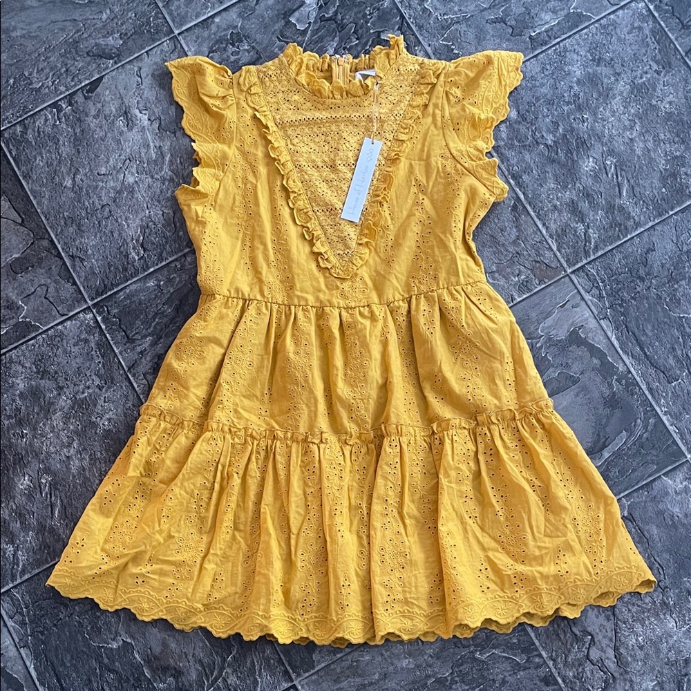 ⭐️NWT HOUSE OF HARLOW Yellow Eyelet Ruffle Cotton Babydoll Scallop Coastal Dress - Picture 2 of 16